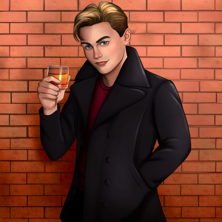 An illustration of a young man standing in front of a brick wall. He has dirty blond hair, mostly combed back with a chunk falling into his face. Honey-pine skin with sapphire blue eyes. He has high cheekbones and a strong jawline. He wears a black wool overcoat over a red shirt. One hand is tucked into the pocket of his coat, and the other is holding a glass of whiskey.