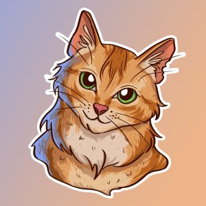 An illustration of the shoulders and face of a scruffy orange tabby cat with green eyes and a gnarled ear.