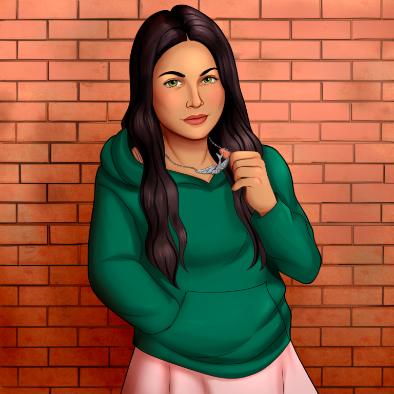 An illustration of a young teenage girl in front of a brick wall. She has wavy brown hair and hazel eyes. She has tawny tan skin with sharply defined lips, high cheekbones, and a pointed chin. She's wearing a forest green hoodie over a flowy soft pink dress. One hand is stuffed in the front pocket of the hoodie while the other plays with the silver bird she wears on a necklace around her neck.