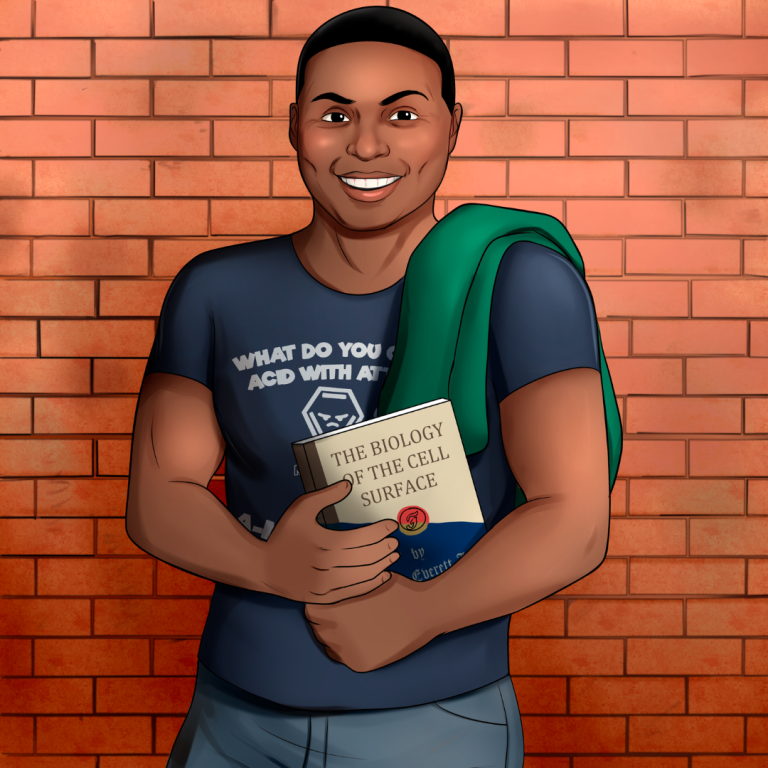 An illustration of a young teenager stands in front of a brick wall. He has deep brown skin and black hair cut in a low-cut fade. He has hooded dark smoky quartz eyes and a round face with full dimpled-cheeks highlighted by his smile. He wears jeans and a dark blue shirt with a science pun partially obscured by a forest green hoodie draping his shoulder and a biology book he holds in his hands. The biology book is The Biology of the Cell Surface by Ernest Everett Just.