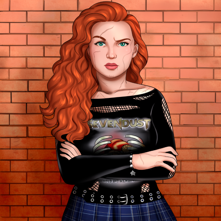 In front of the a brick wall stands an illustration of a short young teenage girl with long, red curly hair and striking blue-green eyes. Scars cover her pale pink skin and slice into her face. She's arching a single brow, and her heart-shaped lips are set in a firm expression. She wears a black long-sleeved shirt for the band Sevendust [featuring the cover art of their album Cold Day Memory] with strategically placed holes covered in mesh, a blue plaid skirt, and a black belt with silver metal rivulets. A bracelet peaks out beneath the sleeve of her shirt, revealing a silver filigree star dangling between black and clear beads.