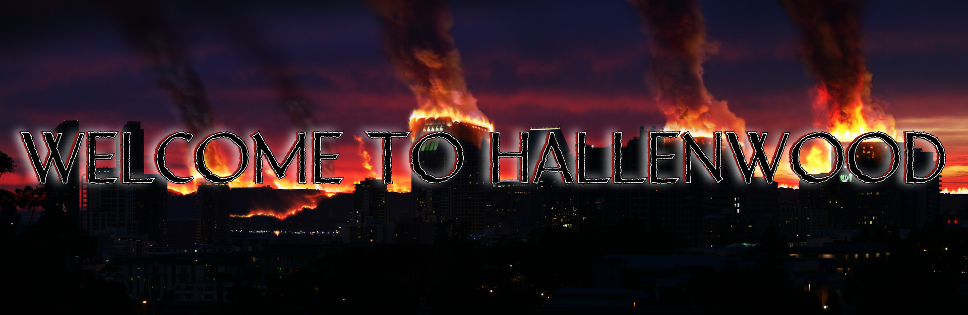 A city at night with many buildings caught in a blazing fire. In front of the scene it says, "Welcome to Hallenwood."