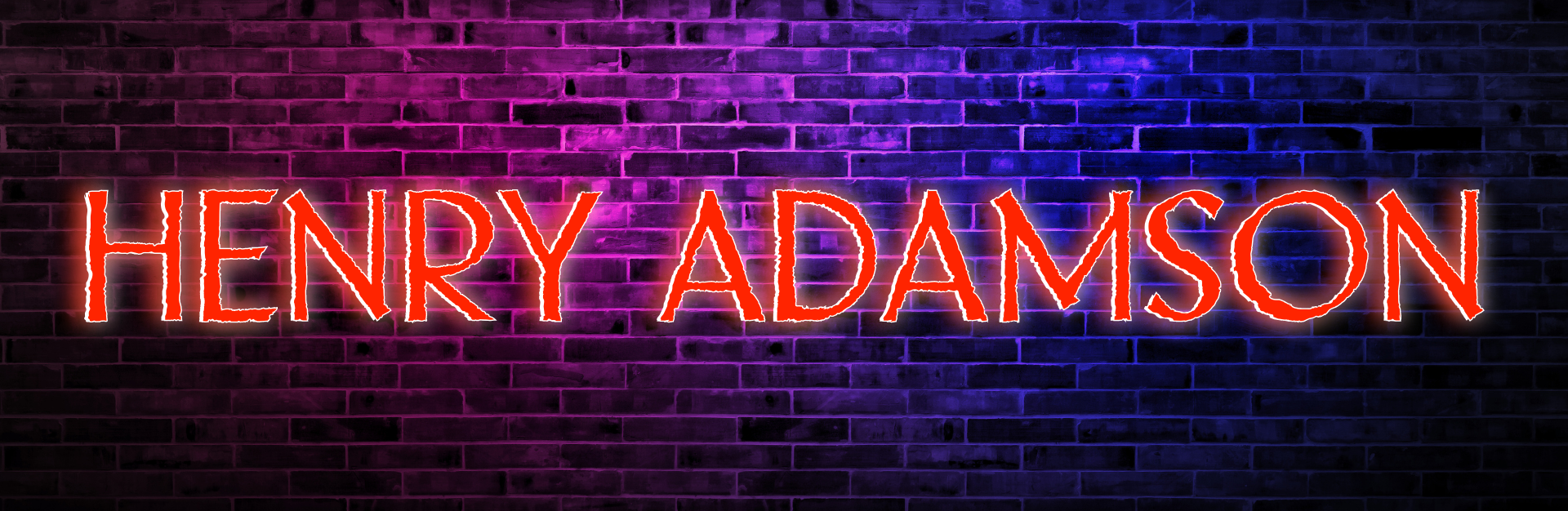 A brick wall bathed in blue and pink neon light. The name HENRY ADAMSON sits in front of it.