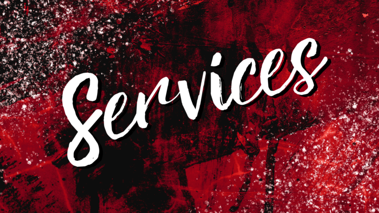 A crimson red background with the word Services scrawled in the center in a messy cursive font.