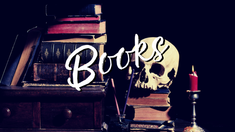 A stack of books with a skull and candle, and in front Books is scrawled over the image in a messy cursive font.