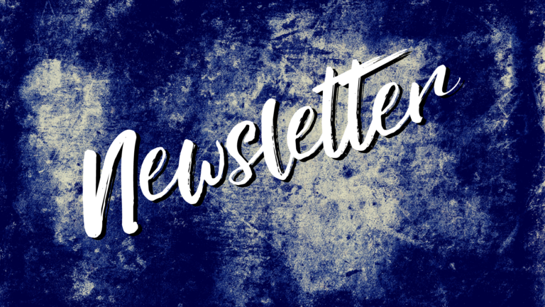 A dark blue stone background with the word Newsletter scrawled over the center in a messy cursive font.