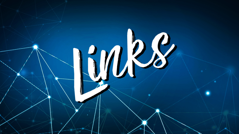 A blue background with a geometric pattern in the bottom left corner. In front it says Links in a messy cursive font.