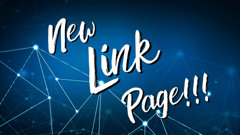 A blue background with a geometric pattern in the bottom left corner. In front it says New Link Page in a messy cursive font.