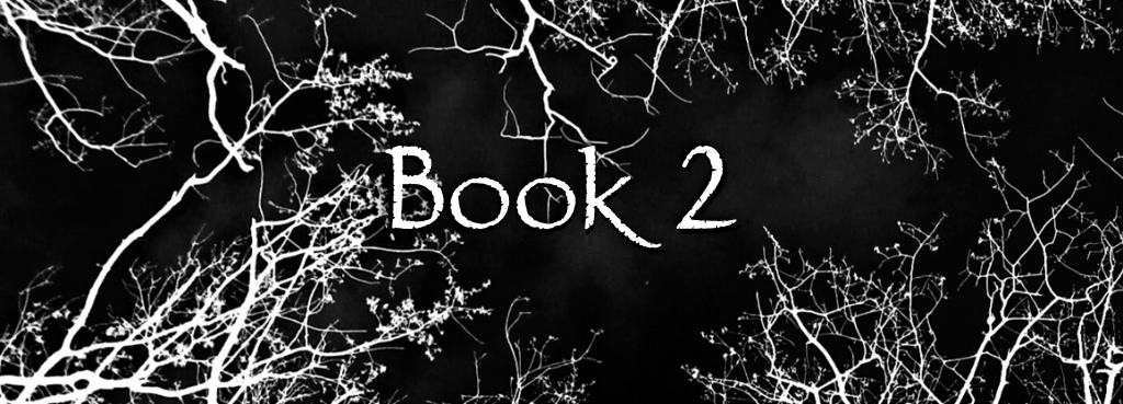 A black night sky with white tree branches mostly bare of any leaves. In the center is a white crumbling font stating [Book 2]